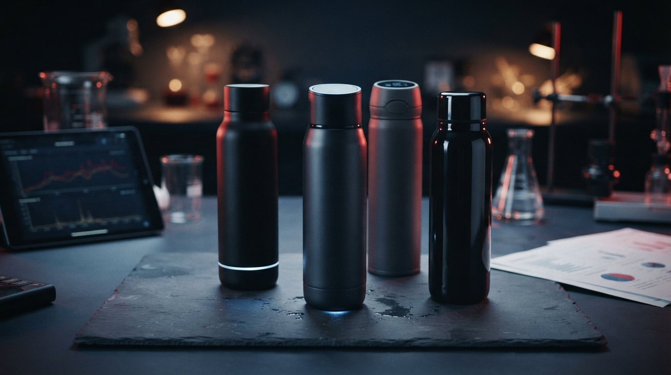 Editorial illustration for Smart Water Bottles Compared: HidrateSpark Steel Wins on Tested Accuracy, but the Thermos Smart Lid and Spark 3 Trade Precision for Other Perks